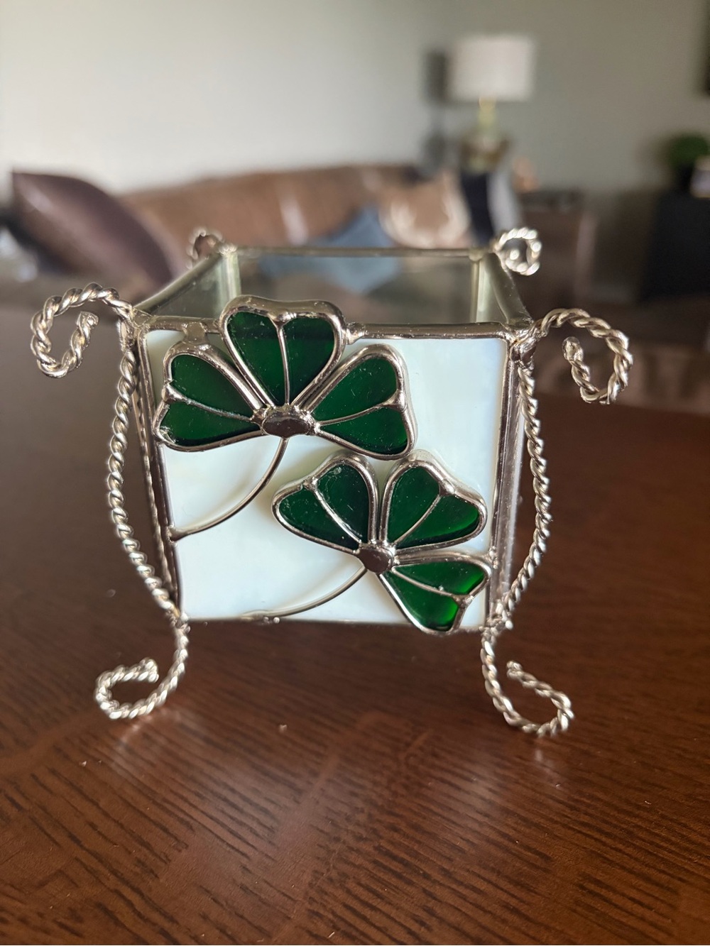 Stained Glass Clover Votive Holder in Green and White
